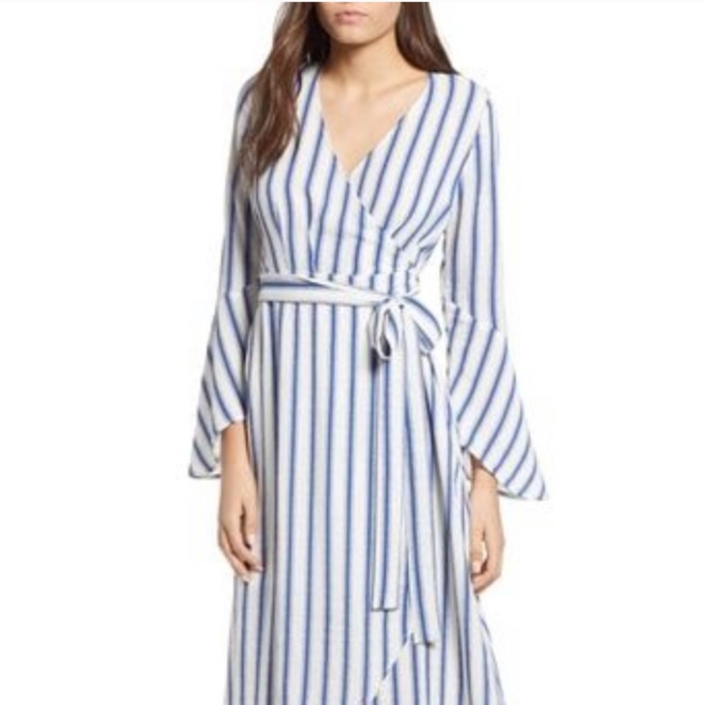 Moon River - Stripe Flared Sleeve Wrap Dress